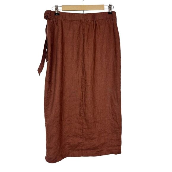 MNG Mango Midi Skirt Linen wrap Large Brown  Curved Tie Front Pencil Minimal L - Picture 4 of 16